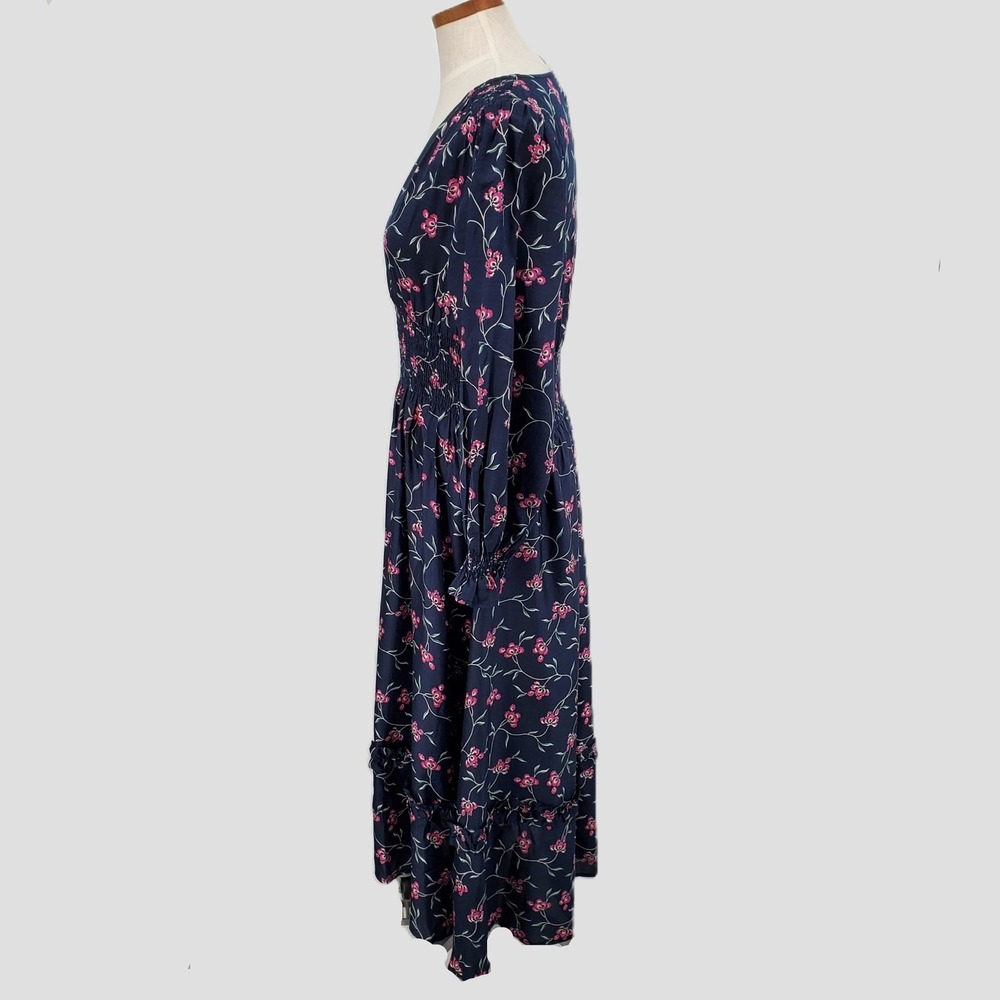 Outerknown S Oceana Floral Smocked Waist Midi Dress Navy Blue Pink Long Sleeve - Picture 2 of 10
